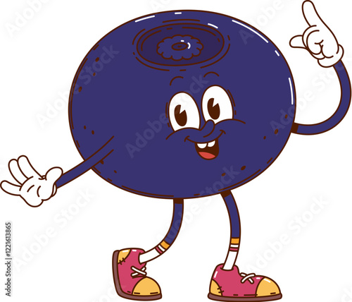 Cartoon groovy bilberry berry cheerful character. Garden fresh berry retro funky happy mascot. Ripe whortleberry groovy isolated vector funny character or farm orchard bilberry cheerful personage