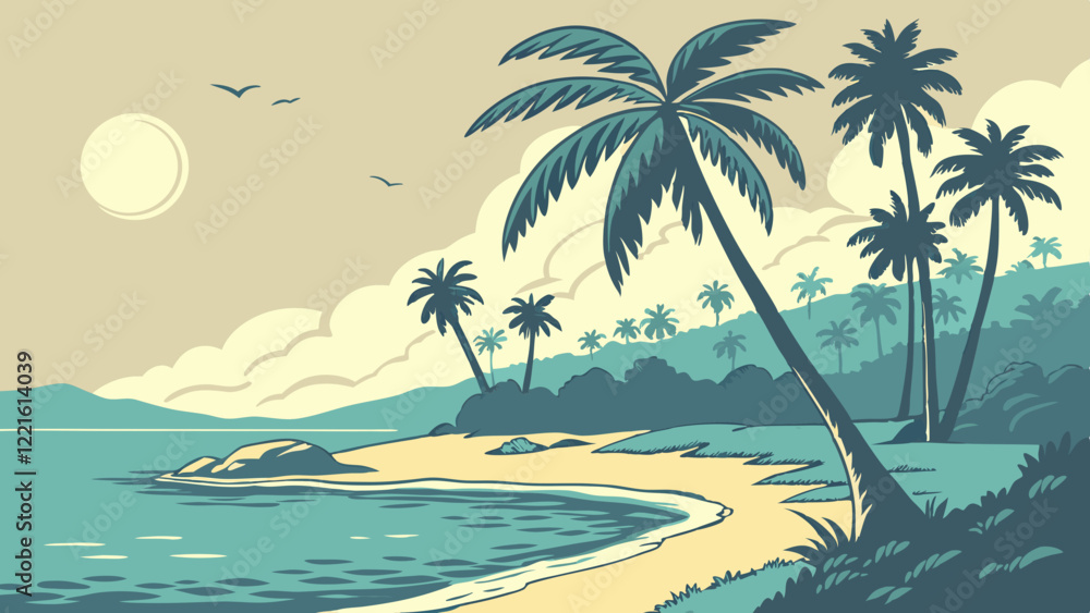 Obraz premium A vector illustration of a tropical beach with palm trees, clear water and a shining sun in the background