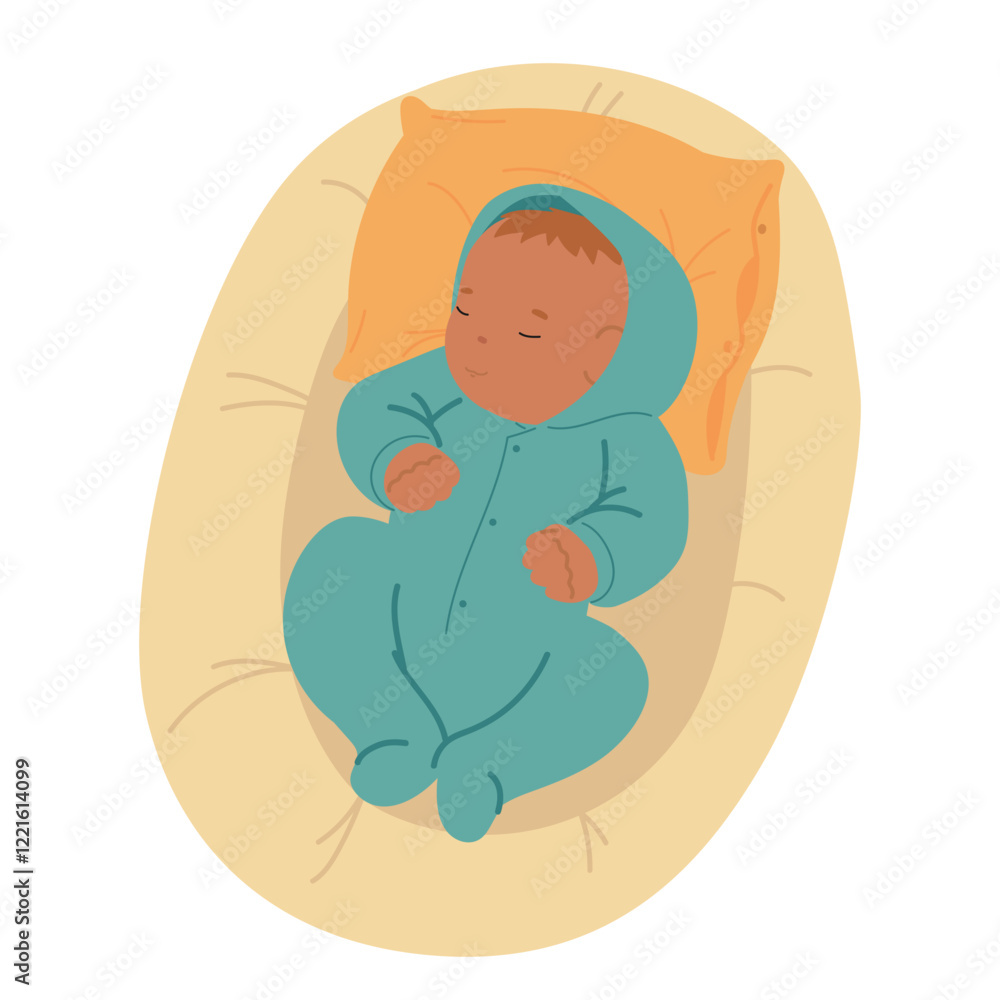 Newborn baby kid sleeping in comfortable bed with pillow happy childhood vector illustration Newborn baby kid sleeping in comfortable bed with pillow happy childhood vector illustration