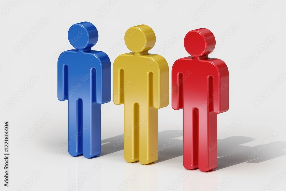 Three Glossy Human Figures In Blue Yellow And Red Standing Side By Side On White Background Three Glossy Human Figures In Blue Yellow And Red Standing Side By Side On White Background