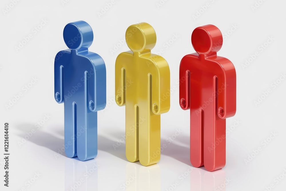 Three Glossy Human Figures In Blue Yellow And Red Standing Side By Side On White Background Three Glossy Human Figures In Blue Yellow And Red Standing Side By Side On White Background