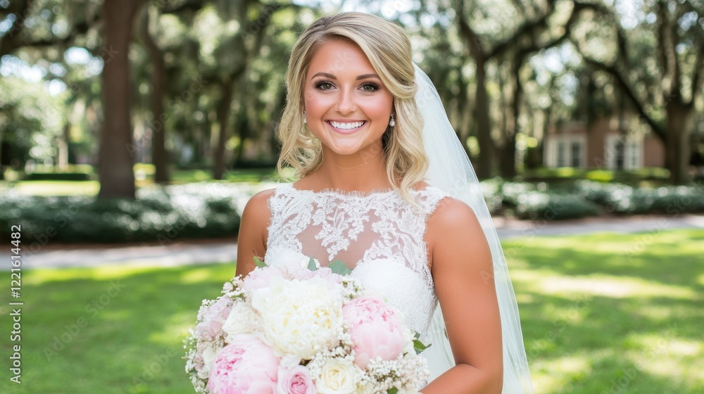 Naklejka premium A bride in a white wedding dress gracefully holds a bouquet of pink and white flowers, embodying elegance and love on her special day.