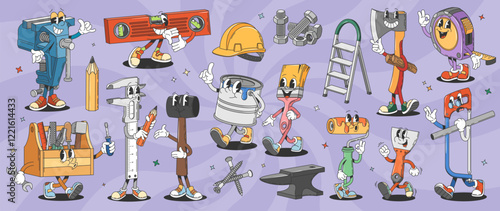 Cartoon retro groovy repair and DIY tools characters. Psychedelic funny hammer, helmet and toolbox vector personages of building, construction and renovation. Groovy paint, brush and saw characters