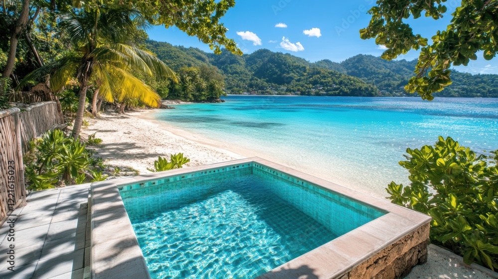 Fototapeta premium A serene beach features a central pool, offering a stunning view of the ocean, blending relaxation with natural beauty.