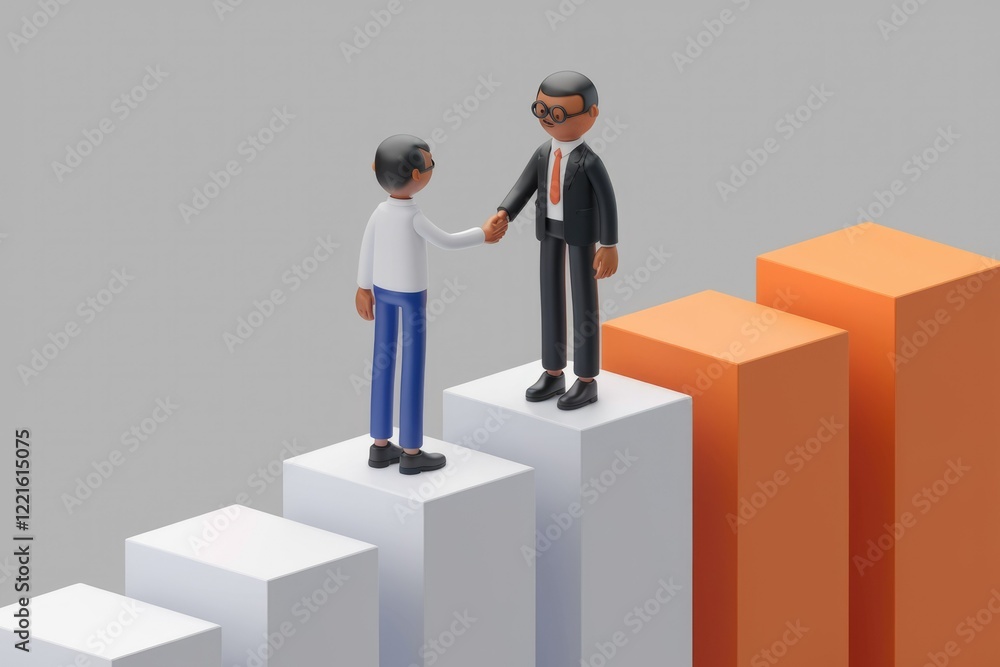 Formal Agreement Two Animated Characters Shake Hands on a Stack of Colorful Blocks Formal Agreement Two Animated Characters Shake Hands on a Stack of Colorful Blocks