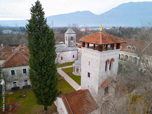 Fotografie Aerial view of Zdrebaonik Monastery with church and bell tower in Danilovgrad, Montenegro