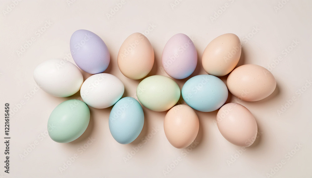 A set of pastel Easter eggs arranged on a neutral background A set of pastel Easter eggs arranged on a neutral background