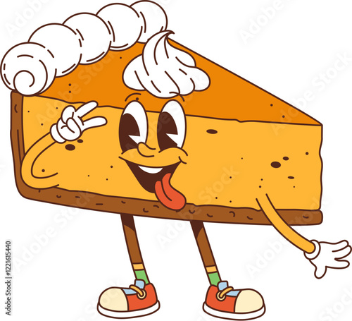 Groovy cake with whipped cream dessert character. Pastry shop cake piece with whipped cream 60s 70s groovy isolated vector cheerful character, cafe sweet meal funny personage or dessert happy mascot