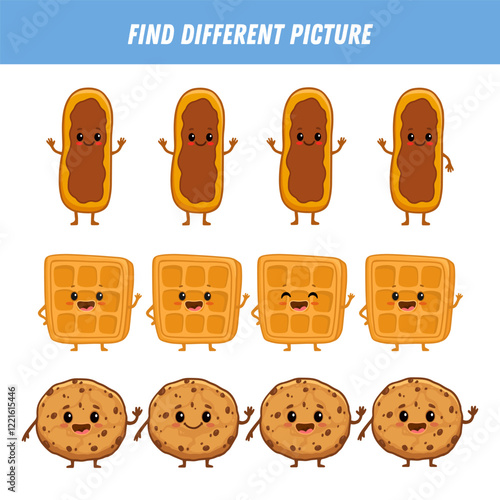 Find different picture each row. Logical game for kids. Cartoon character. Eclair, cookie, viennese waffle in flat style. Vector illustration