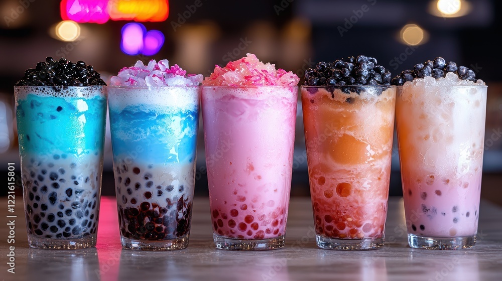 Five colorful bubble tea drinks with tapioca pearls Five colorful bubble tea drinks with tapioca pearls