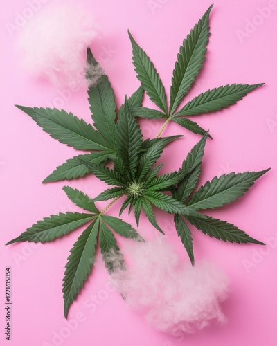 Cannabis leaves and pink smoke on pink background photo