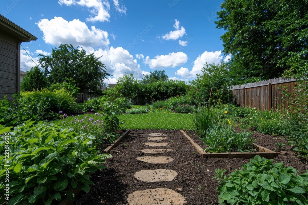 Stone path through a lush backyard garden Stone path through a lush backyard garden