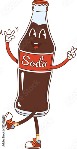 Cartoon groovy retro soda bottle happy character. Refreshing soda bottle groovy cheerful mascot. Fresh soft drink vintage cartoon isolated vector funny character, sweet beverage funky happy personage