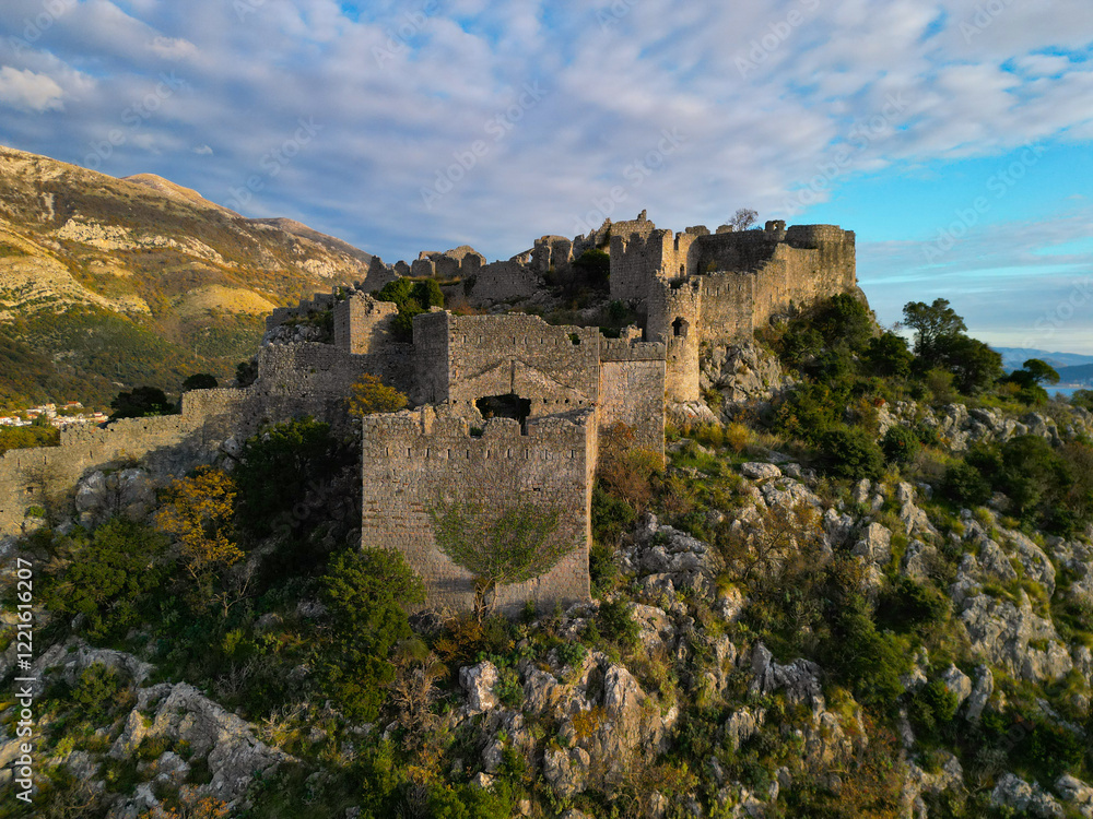 Fototapeta premium Fortress in Sutomore, Montenegro - aerial view