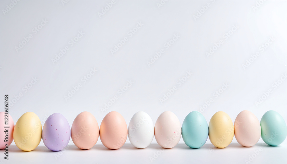 A set of pastel Easter eggs arranged on a neutral background, leaving space for branding or holiday messages. Perfect for seasonal designs. A set of pastel Easter eggs arranged on a neutral background, leaving space for branding or holiday messages. Perfect for seasonal designs.