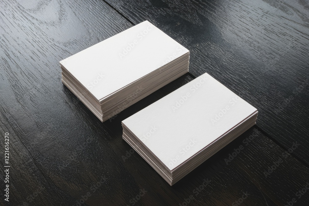Fototapeta premium Two Stacks Of Blank White Cards On Dark Wooden Surface
