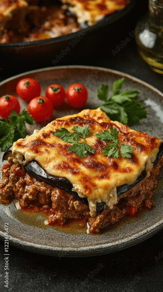 Delicious Traditional Greek Moussaka Recipe with Eggplant and Ground Meat Served with Fresh Cherry Tomatoes and Parsley – Authentic Mediterranean Cuisine Delight Delicious Traditional Greek Moussaka Recipe with Eggplant and Ground Meat Served with Fresh Cherry Tomatoes and Parsley – Authentic Mediterranean Cuisine Delight
