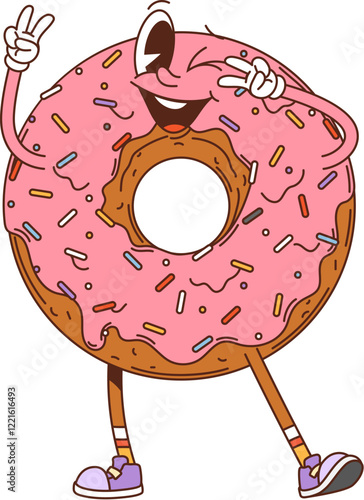 Retro hippie groovy donut dessert character. Frosted donut confectionery vintage cartoon isolated vector cute mascot, glazed doughnut cheerful personage or sweet pastry dessert funny groovy character