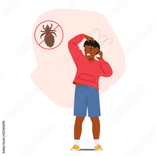 Unhappy schoolboy child scratching hair scalp having pediculosis problem lice parasitic infestation