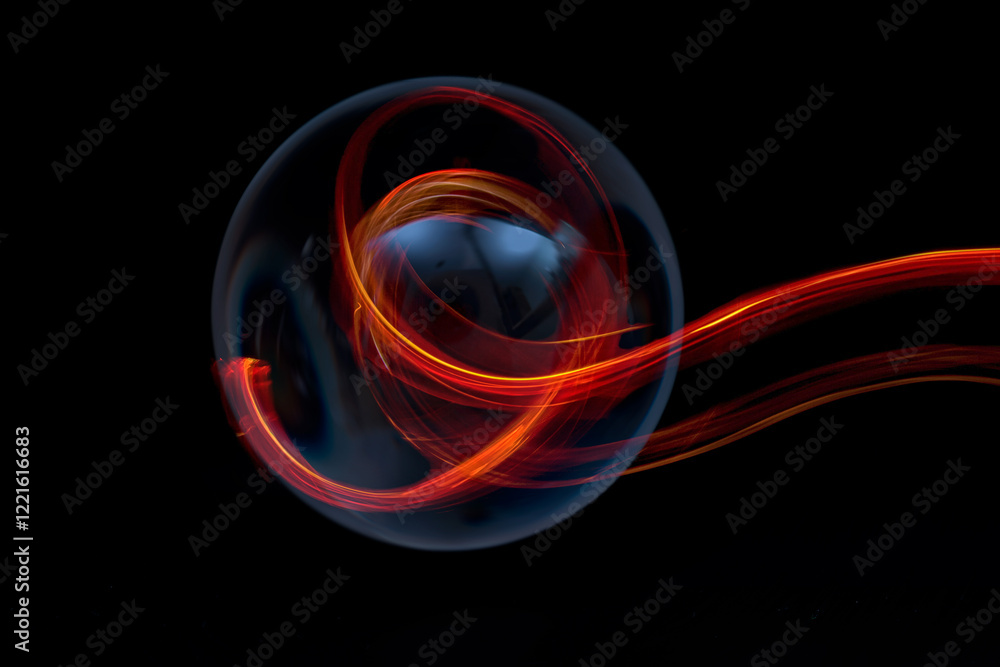 Dynamic light trails encircling a glass sphere