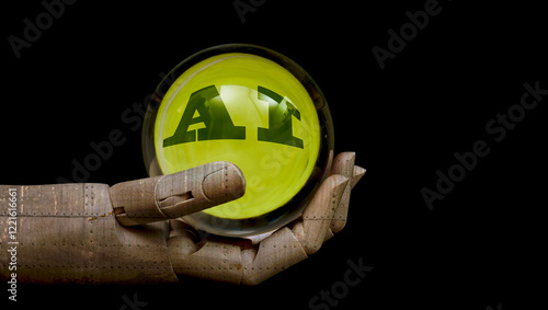 Obraz na płótnie Wooden hand holding crystal ball showing ai lettering on black background w salonie