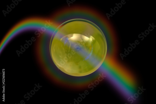 Obraz na płótnie Yellow transparent sphere with rainbow reflections on a black background w salonie