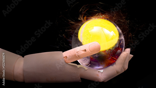 Wooden hand holding tennis ball in crystal ball with fire effect on black background