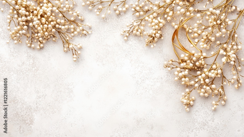 Delicate white flowers and shimmering gold leaves rest elegantly on a pristine white surface, creating a serene and harmonious composition. Delicate white flowers and shimmering gold leaves rest elegantly on a pristine white surface, creating a serene and harmonious composition.