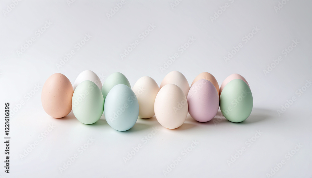 A set of pastel Easter eggs arranged on a neutral background, leaving space for branding or holiday messages. Perfect for seasonal designs. A set of pastel Easter eggs arranged on a neutral background, leaving space for branding or holiday messages. Perfect for seasonal designs.