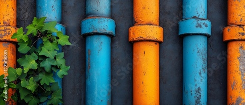 Vibrant grid of rustic industrial pipes surrounded by nature's touch in an urban setting photo