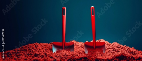 Two bright red shovels stand tall in a vibrant mound of rich red soil under a striking backdrop photo