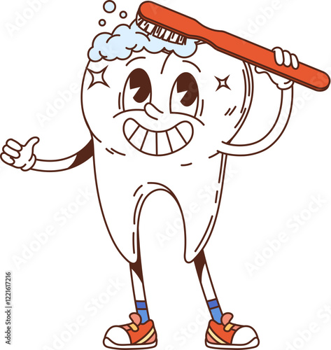 Cartoon groovy tooth medicine and health character smiling and brushing its head with toothbrush, giving a thumbs up, retro y2k personage promotes dental hygiene, oral health, and tooth care for kids