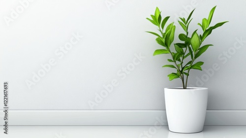 Wallpaper Mural A green plant in a simple white pot sits on the floor, adding a touch of nature to the indoor space. Torontodigital.ca