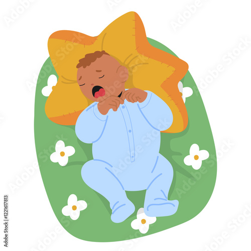 Cute newborn baby boy kid crying loudly weeping bursting into tears while lying in bed cradle pillow