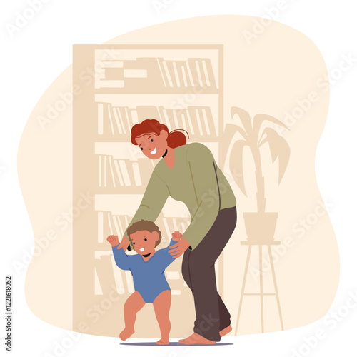 Happy mom enjoying parenting training adorable infant kid to make first steps at home scene