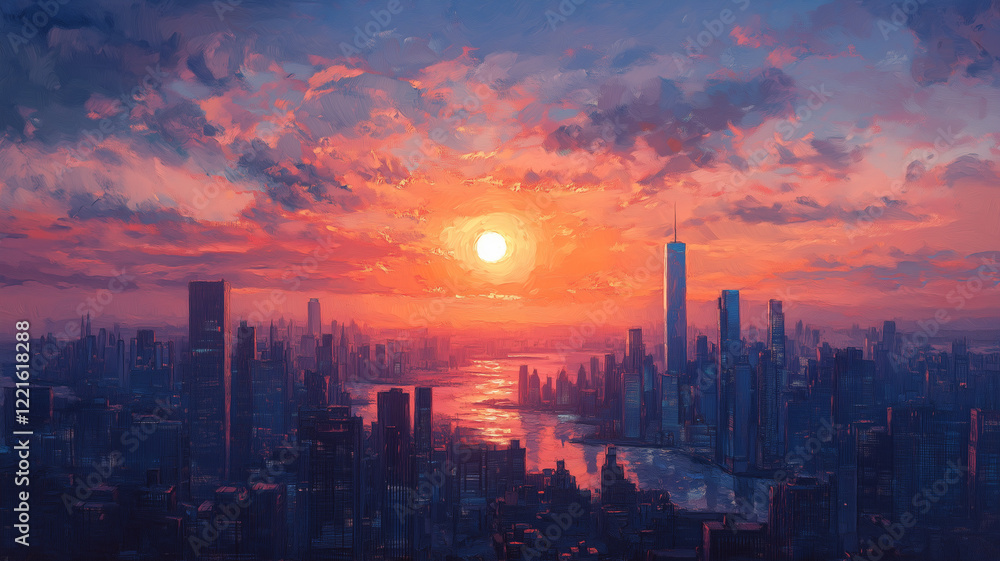 Vibrant City Skyline at Sunset with Colorful Clouds