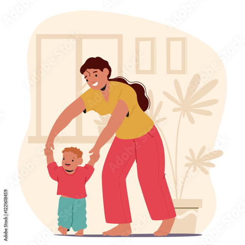 Mother teaching infant son kid to make first steps enjoying happy family time together at home