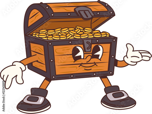 Cartoon pirate gold treasure chest character. Caribbean pirate gold treasure happy mascot, corsairs or filibuster bandits opened wooden chest full of golden coins isolated vector funny personage