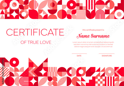 Valentines day diploma certificate with geometric shapes. Vector modern certificate of true love, layout template featuring bold red abstract patterns at the top and bottom, and place for information