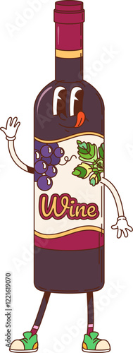 Cartoon groovy red wine bottle retro character. Restaurant merlot red wine cheerful groovy vector personage. cabernet grape alcohol drink bottle happy mascot or isolated cartoon character waning hand