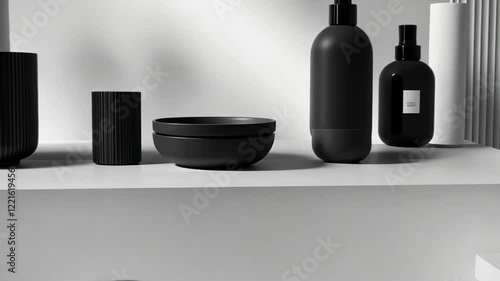 White and black display of various vases and bowls. The vases and bowls are arranged in a way that creates a sense of balance and harmony. The black and white color scheme adds a sense of elegance