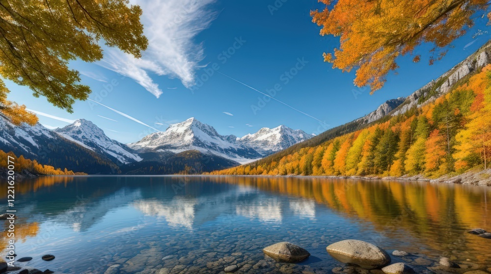 Obraz premium Crystal-clear lake reflecting snow-capped mountains and vibrant autumn trees under a bright blue sky. The rocky shoreline adds a natural, serene touch to this picturesque autumn scene.