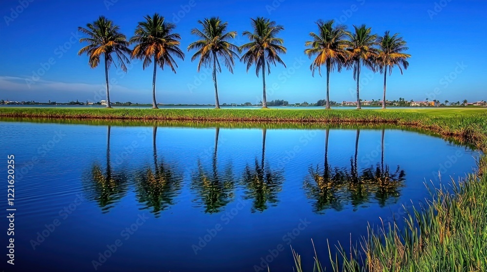 Tropical palms reflect in calm lake at sunrise, golf course background, postcard Tropical palms reflect in calm lake at sunrise, golf course background, postcard