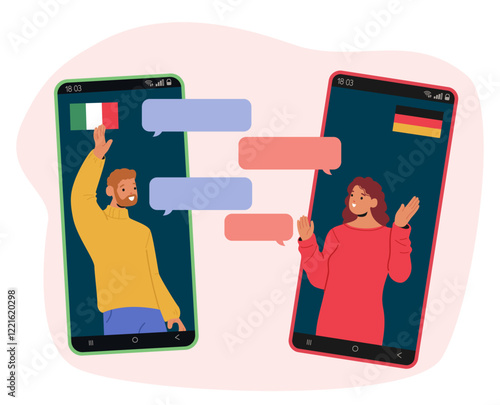 Man and woman speaking online via mobile video chat having language barrier in communication