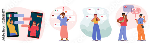 People overcoming language barrier using translator application or searching online services