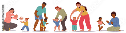 Isolated cartoon set parents enjoying time with children teaching toddlers to make first steps