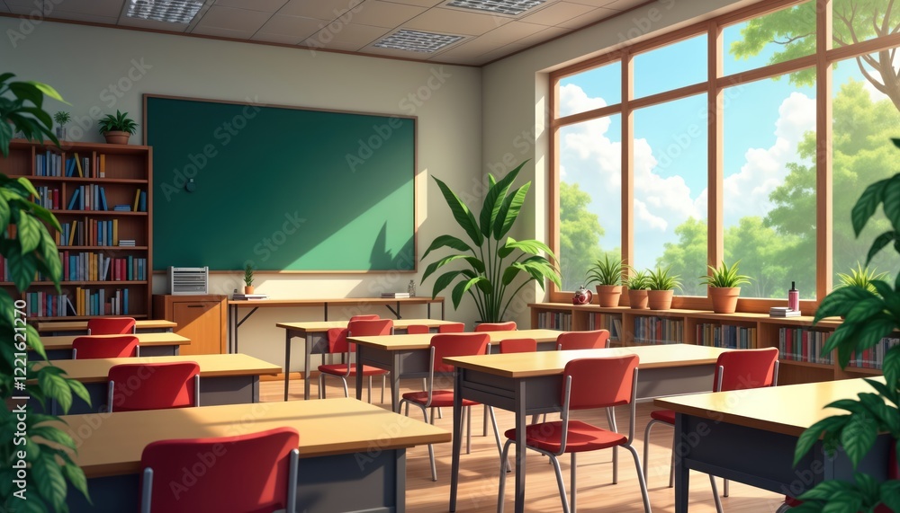 Empty classroom interior with wooden tables, red chairs. Daylight streams through large windows tranquil garden view. Bookshelves fill one wall lined with various books. Vibrant green chalkboard Empty classroom interior with wooden tables, red chairs. Daylight streams through large windows tranquil garden view. Bookshelves fill one wall lined with various books. Vibrant green chalkboard