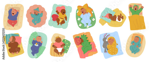 Newborn babies sleeping feeling calm and crying loudly weeping showcasing sadness isolated set