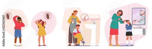 Children suffering from pediculosis symptom, mother caring for kids isolated cartoon scene