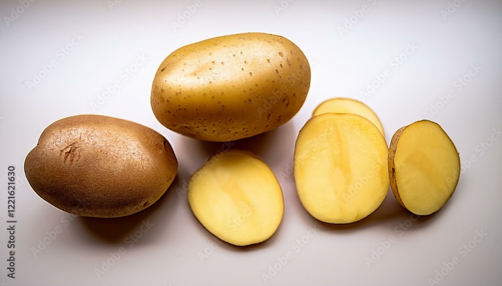 Fresh potatoes, whole and sliced, ready for cooking. Fresh potatoes, whole and sliced, ready for cooking.
